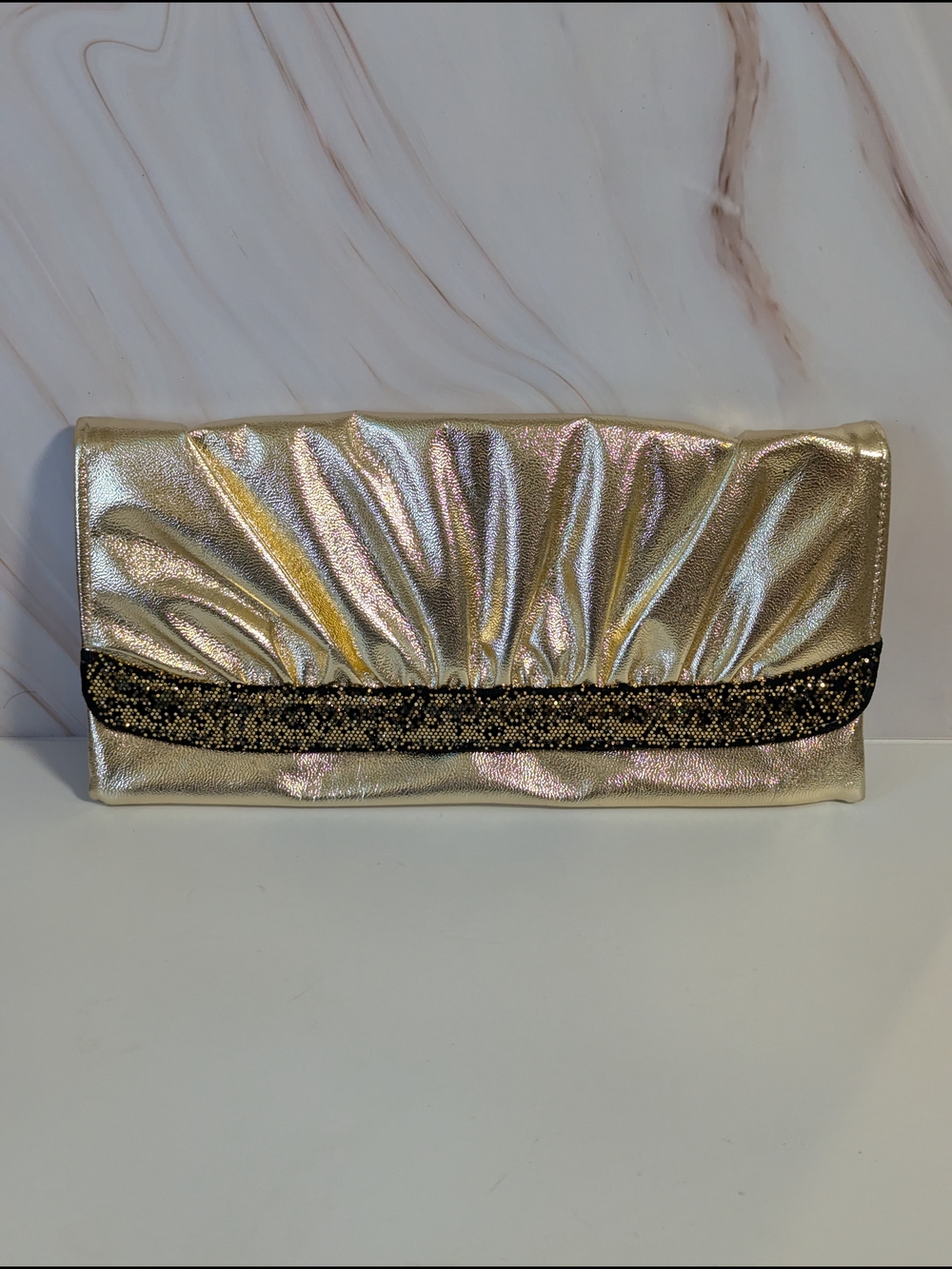 Gold Metallic Clutch with Black Sparkle Accent